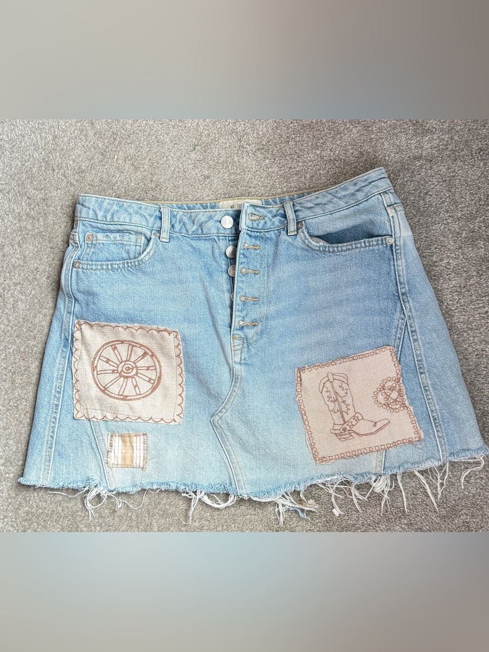 Upcycled Denim Mini Skirt with Embroidered Cowboy Boots /Horse Patches/ Palaka